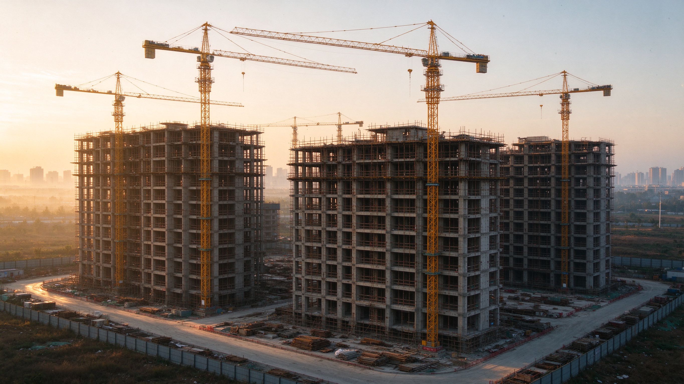 商丘建筑工地全景，多台塔吊晨光下楼栋主体施工