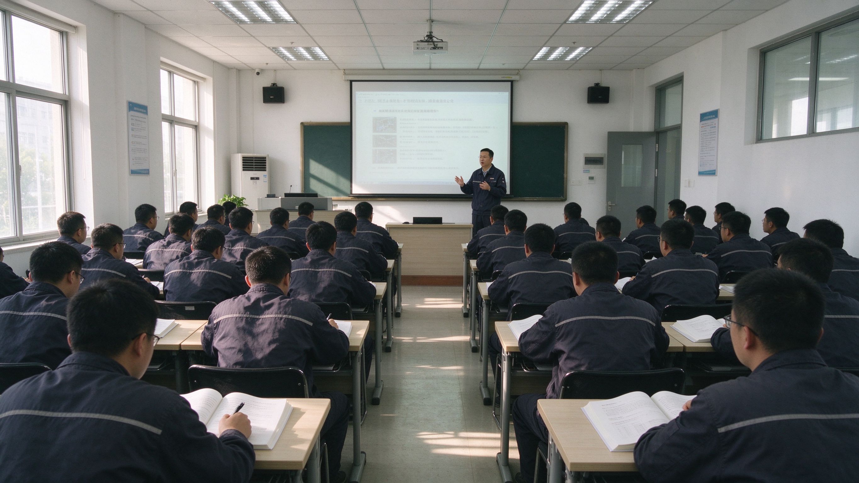 培训教室讲师授课、工装学员听课