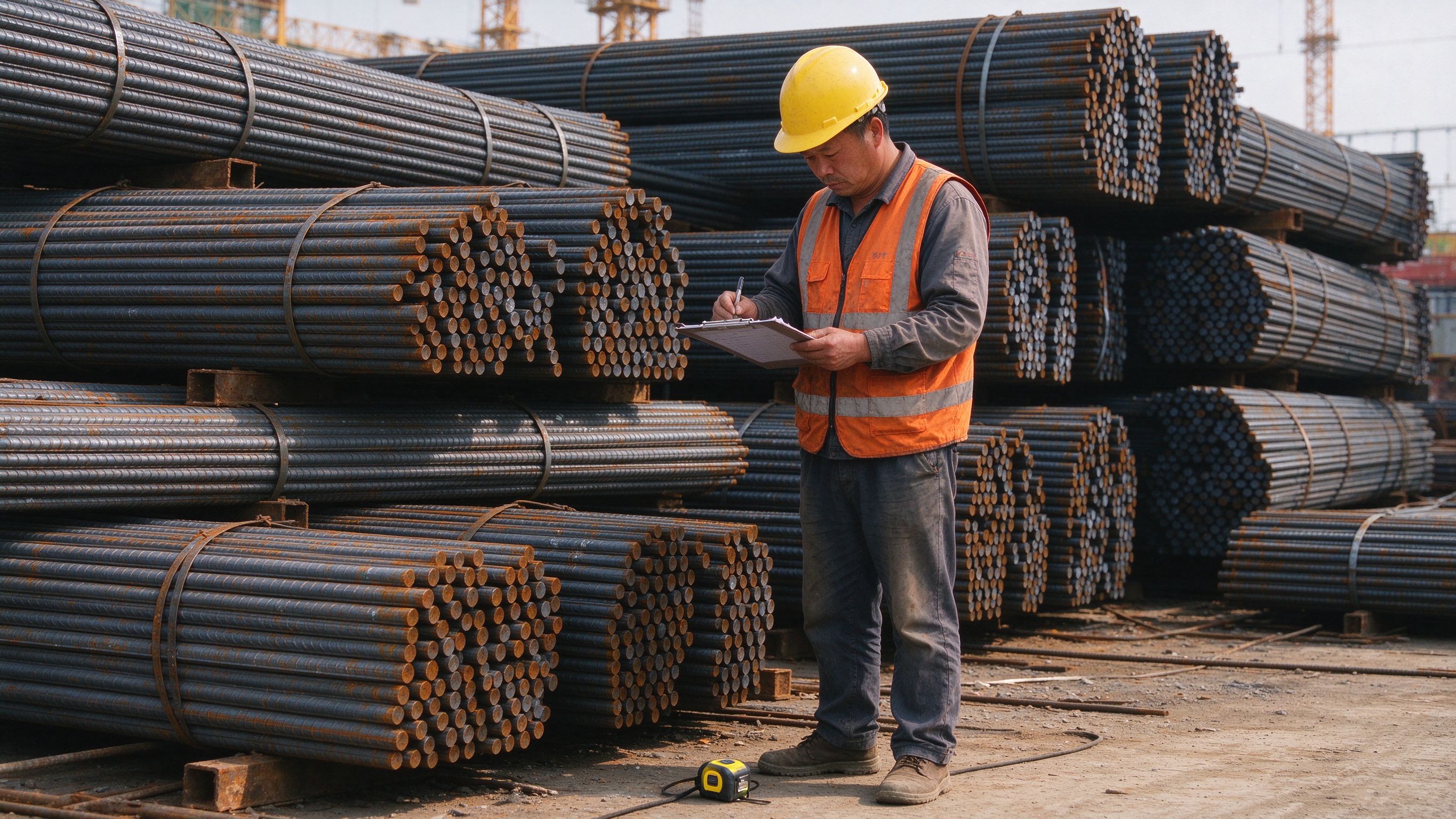 商丘工地材料员在钢筋堆场清点盘点