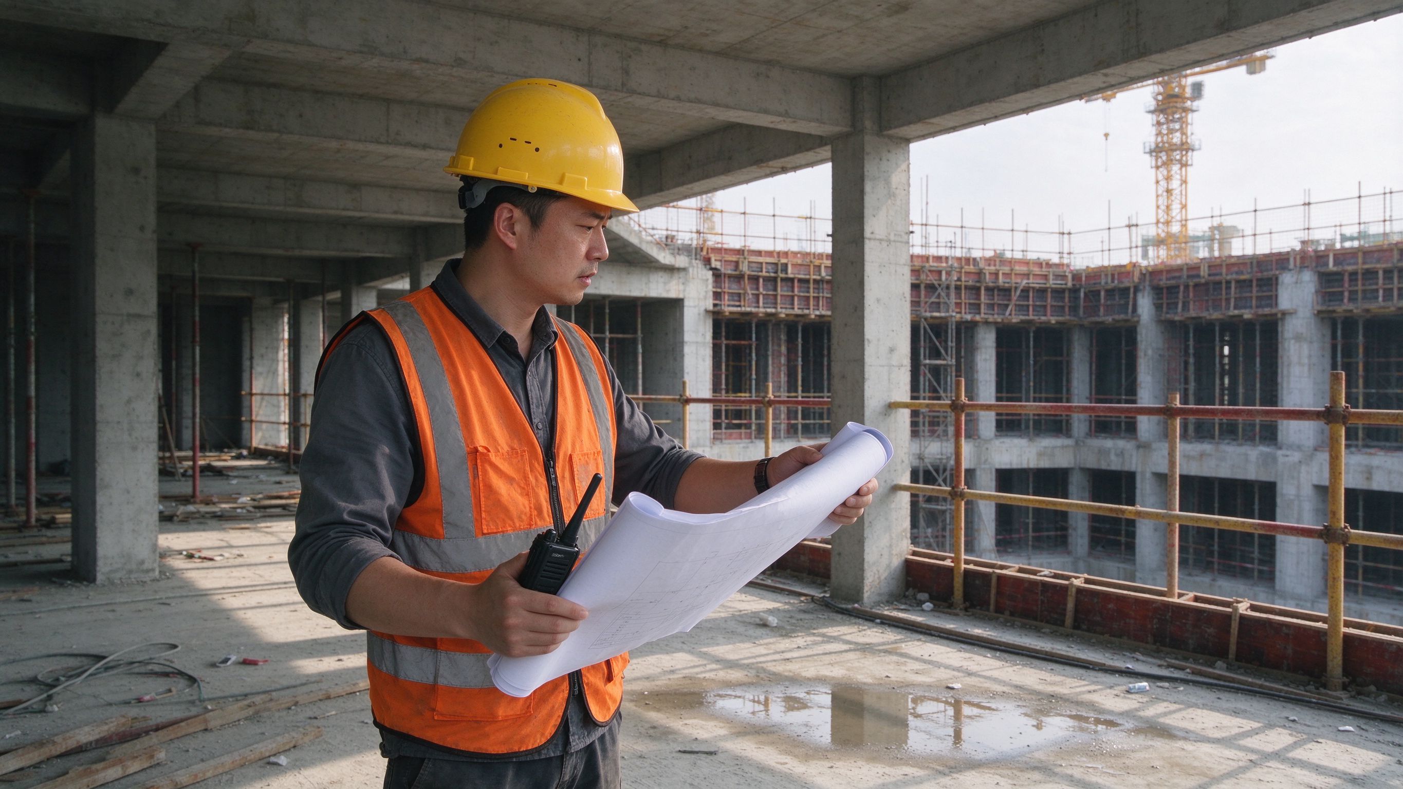 商丘建筑工地施工员手持施工图纸在现场指挥作业